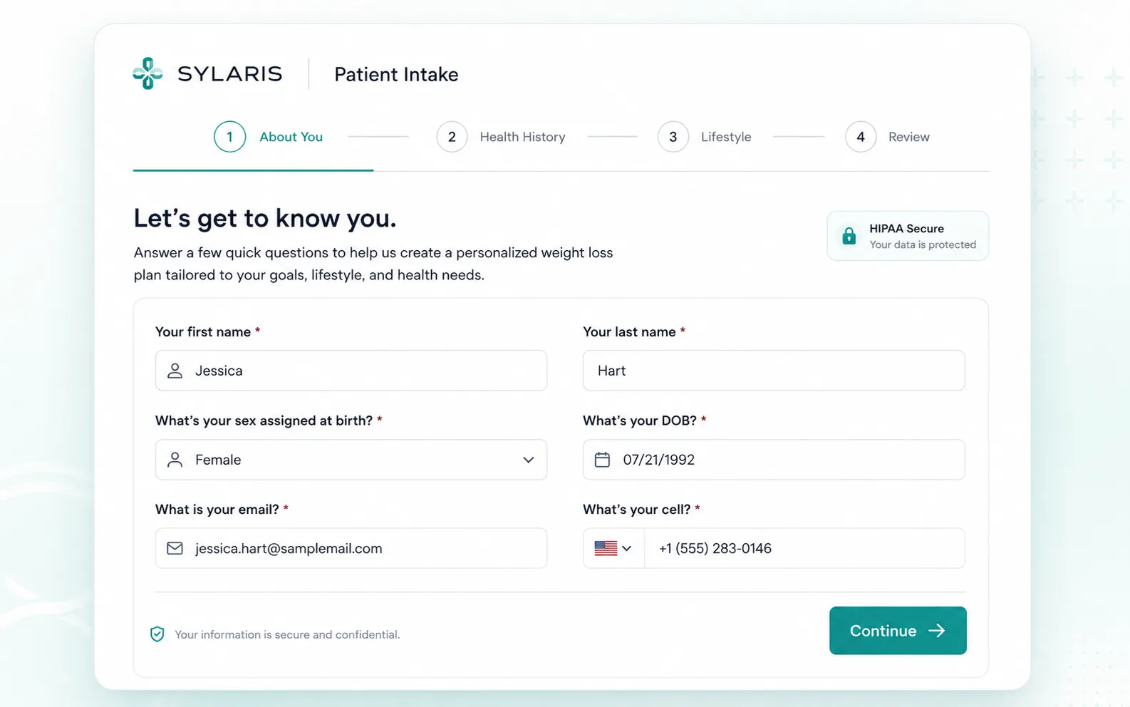 A patient intake form asking for name, date of birth, email and phone, with a HIPAA secure badge.