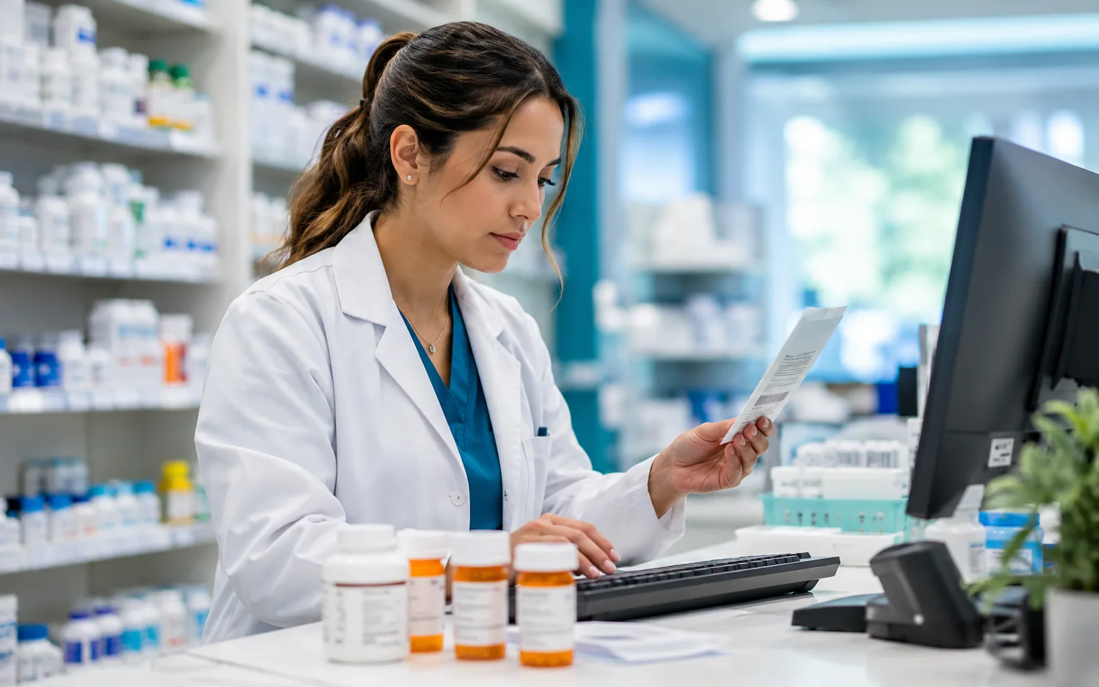A pharmacist reviewing a prescription at a pharmacy workstation.