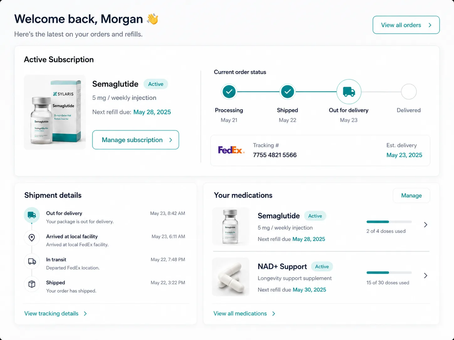 White-labeled patient portal showing an active subscription and delivery status.