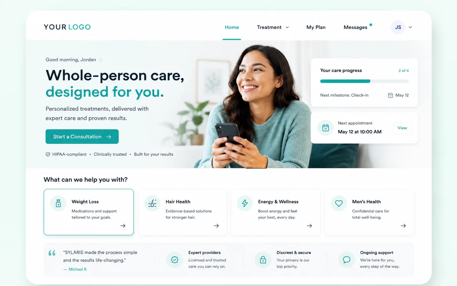 A white-labeled telehealth website with treatment categories, ready to customize.